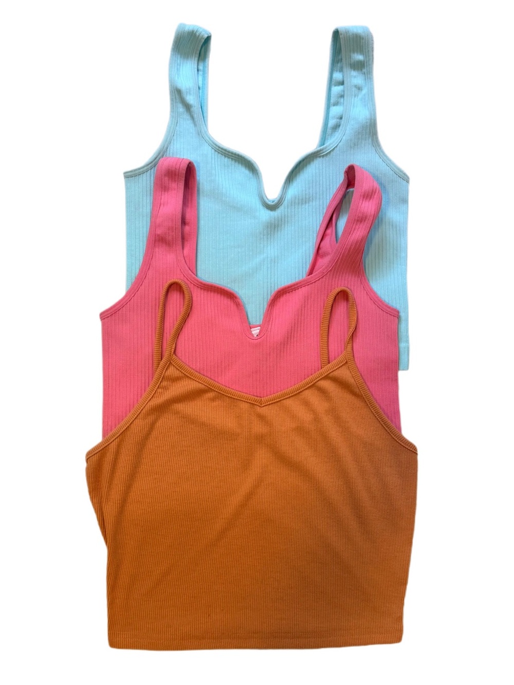 REORIA Women's Ribbed Cropped Tank Tops- Set of 3- Blue Pink Orange Size Small